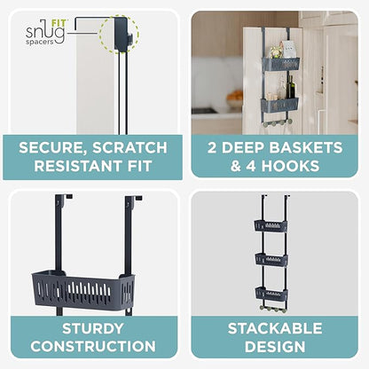 Zenna Home SnugFit Over the Door Caddy Organizer with 2 Storage Baskets and 4 Hooks, Over Door Hanging Organizer for Bathroom, Kitchen, Bedroom, Closet, Easy to Install, No Drilling, Blue