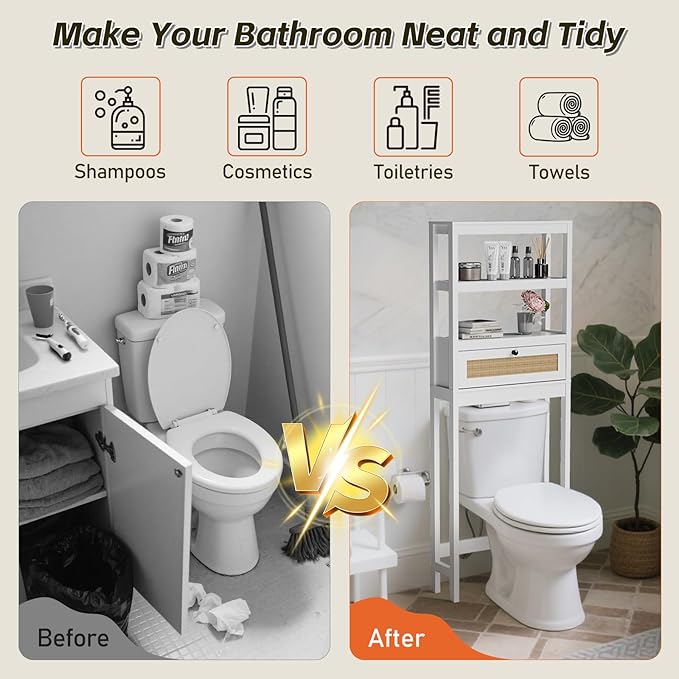 GORZING Over The Toilet Storage Cabinet, 3-Tier Bathroom Organizer with Rattan Door, Wooden Space Saver for Restroom, Bathroom, Laundry