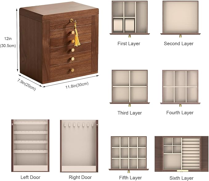 Homruilink Black Walnut Wooden Jewelry Box, Wood Jewelry Organizer with 2 Side Doors Mirror Lockable Classical Style for Watch Necklace Ring Earring Storage Christmas Gifts-6 Layer