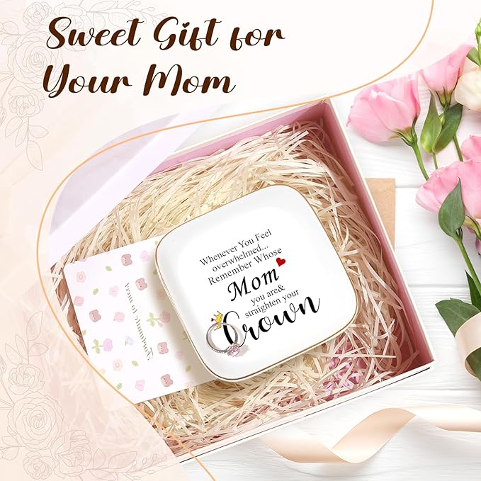 PUDDING CABIN Galentines Gifts for Mom Ring Dish Jewelry Tray - Whenever You Feel Overwhelmed, Remember Whose Mom You are & Straighten Your Crown - Mom Birthday Gifts for Mothers Day Present