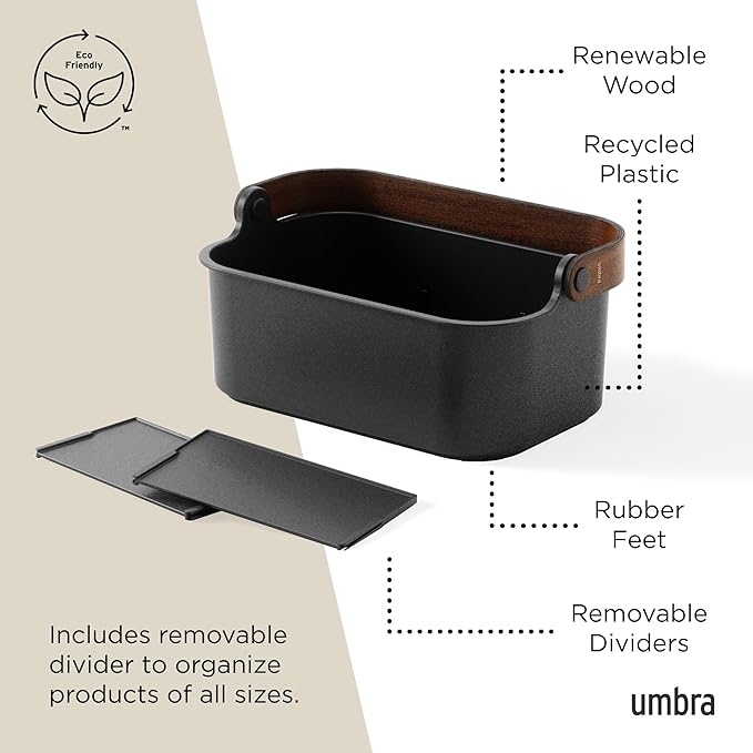 Umbra Bellwood Stackable Bin, 11" x 7" Durable Lightweight Container with Wooden Handle and Removable Dividers, Black/Walnut