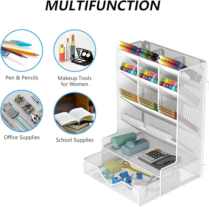 Pen Organizer for Desk, Multi-Functional Desk Organizer, Wall Mount Pen Holder with Drawer for School, Office, Home, Art Supplies, White