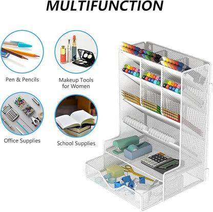 Pen Organizer for Desk, Multi-Functional Desk Organizer, Wall Mount Pen Holder with Drawer for School, Office, Home, Art Supplies, White