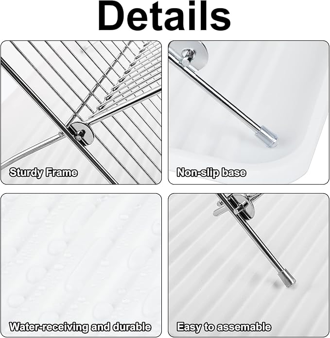 Foldable Dish Drainer, 2-Tier Stainless Steel Dish Drying Rack With Drip Tray and 5 Silicone Buckles, 13.3×10.6"Foldable Dish Drainer for Kitchen Sink, Countertop, Cutlery, Plates, and Dishes (White)