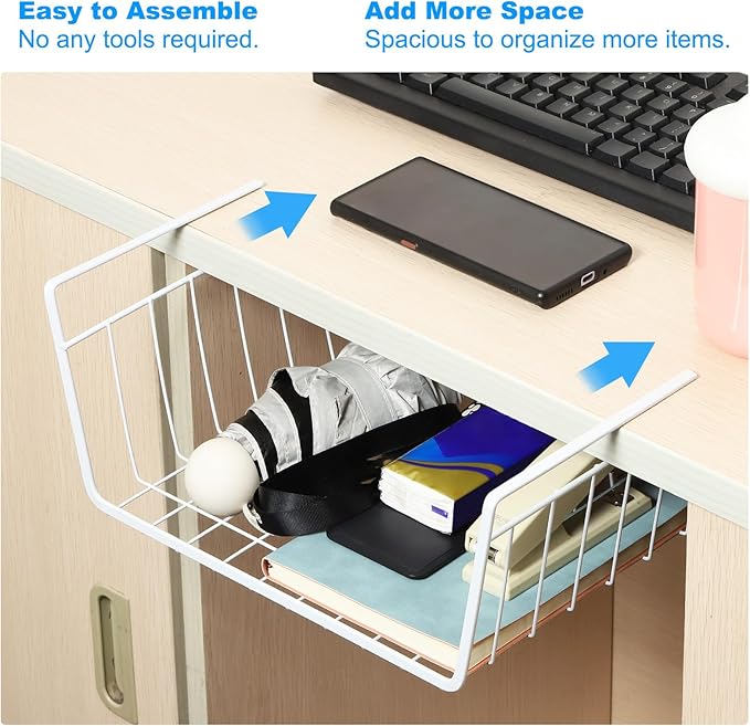 PATIKIL Under Shelf Basket, 6 Pack Small Sliding Under Cabinet Shelf Hanging Metal Storage Rack Organizer Space Saving for Kitchen Pantry Bookshelf 13"L x 10.2"W x 4.7"H, White