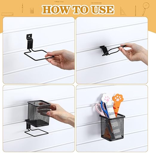 6 Set Slatwall Cup with Hook Black Metal Slatwall Bin Pencil Mesh Wire Holder Slat Wall Accessories for Organizing Various Tools, Garage Home Workshop Office(Square)