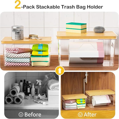 FELIZHOUSE 2 Pack Trash Bag Holder with Bamboo Lid, Stackable Garbage Bag Dispenser Under Sink , Storage Organizer for Kitchen, Laundry, Pantry
