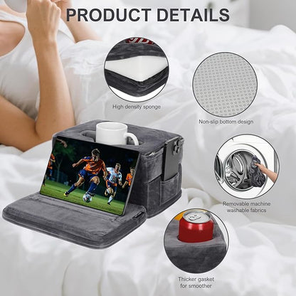 Couch Cup Holder Tray Pillow, Large Sofa Organizer Caddy with 6 Holes and Side Pocket Bed Refreshment Tray for iPad, Drinks, Remotes, Phones, Snacks, Removable & Washable (Grey)