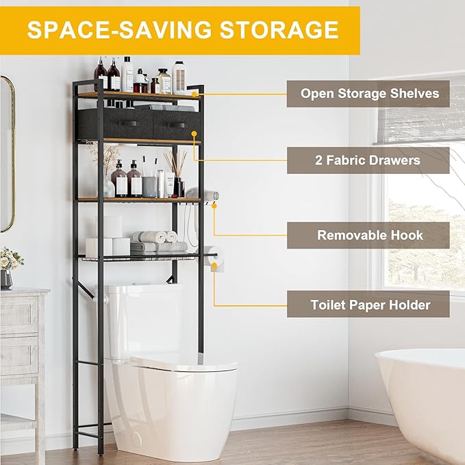 QOOIE Over The Toilet Storage with Adjustable Wooden Shelves and 2 Fabric Drawers, 4-Tier Over Toilet Bathroom Organizer, Small Freestanding Storage Shelf for Toilet Paper, Towels, Toiletries