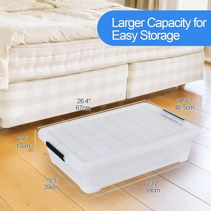 Feicanhao 42 L 4 Packs Plastic Under Bed Storage Container with Lids, Clear Underbed Storage Bin with Wheels
