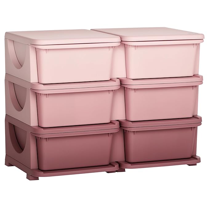 Qaba 3 Tier Kids Storage Unit, Toy Organizers and Storage with 6 Drawer Chest for Kids Bedroom Nursery Kindergarten Living Room for Boys Girls Toddlers, Pink