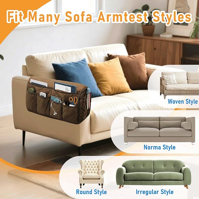 Gloserin Armchair Caddy, Sofa Armrest Organizer, Non Slip Recliner Organizer, Remote Control Holder for Recliners, Couch Caddy with 14 Pockets Storage for TV Remote, Phone, Magazine (Brown)
