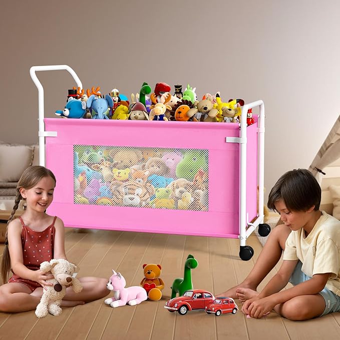 KEEGH Extra Large Toy Box for Kids with 360° Rotating Wheels, Heavy Duty Toy Chest for Boys and Girls, Toy Storage Organizer for Kids, Toy Bins for Living Room, Nursery, Bedroom (Pink)