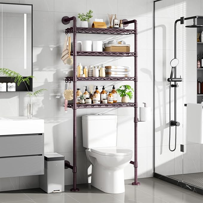 Roxibelt K3 Wall Mounted 4-Tier Over the Toilet Storage，Metal Above Toilet Storage with Paper Hook,Over Toilet Bathroom Organizer with Adjustable Shelf，Above Toilet Rack 9.7"Dx 25.6"Wx 74.3"H,Espresso