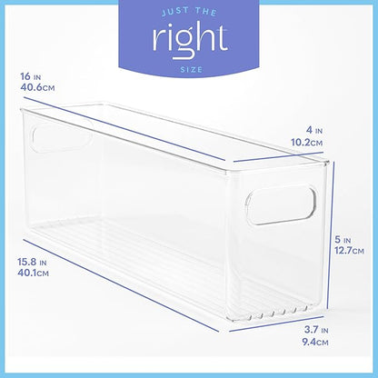 primebox Plastic Food Storage Clear Container Bin with Handles for Organizing Kitchen, Pantry, Fridge, Freezer, Pantry,Bathroom. 16"x4"x5"