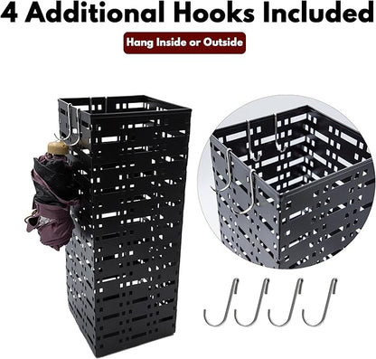 2 Pack Metal Umbrella Stand for Indoor Entry, Entryway Umbrella Holder Rack with 4 Hooks, 16.5" tall Freestanding Umbrella Storage Organizer (Square + Round)