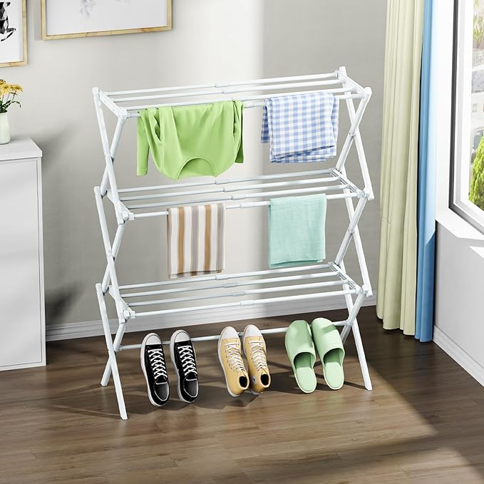 Foldable Drying Rack Clothing, 3-Tier Clothes Drying Rack Use for Indoor & Outdoor Antirust Laundry Drying Rack Collapsible 28" L x 35" H x 10" W