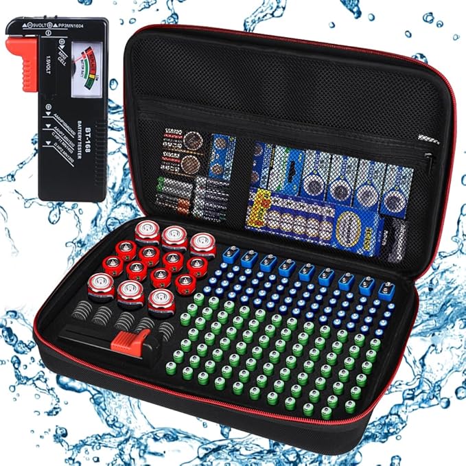 Battery Organizer Holder Storage Case with Tester,Waterproof Carrying Case Bag,Battery Vault Box for Garage Organization Holds 199+ Batteries AA AAA C D 9V (Batteries are Not Included) (200+)