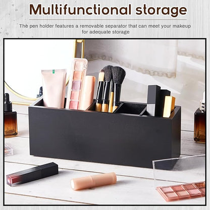 Jetec Wooden Pencil Holder 5 Compartments for Desk Adjustable Pen Holder Wood Office Desk Organizers and Accessories Makeup Brush Organizer for Pen, Home, Office and Art Supplies(Black)