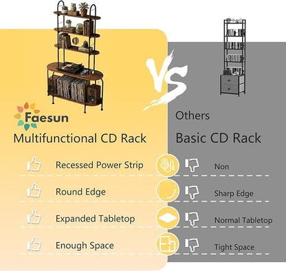 5-Tier CD Storage Rack, Record Player Stand with Storage, DVD Organizer Shelf with Adjustable Book Stoppers, Media Storage Rack for CD/DVD, Books, Games, for Living Room, Bedroom, Home Office, Walnut