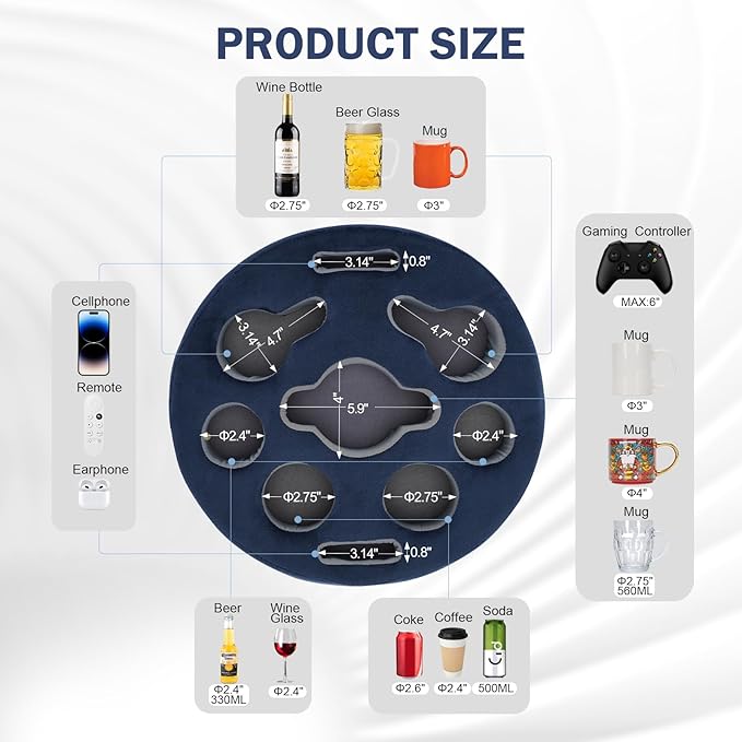 Couch Cup Holder Pillow - Cup Glass Cozy Pillow | Couch Caddy Sofa Bed Buddy Holds Drinks, Snacks, Remote, Phones, Tablet. Keep Drinks Stand and Prevent Spills for Car, Park, Beach, Picnic.(Navy)
