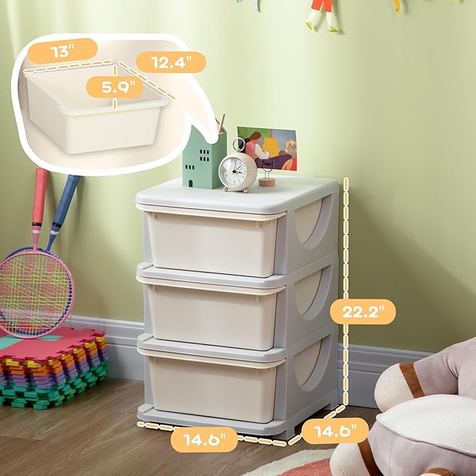 Qaba 3 Tier Kids Storage Unit, Toy Organizers and Storage with 3 Drawer Chest for Kids Bedroom Nursery Kindergarten Living Room for Boys Girls Toddlers, Cream White