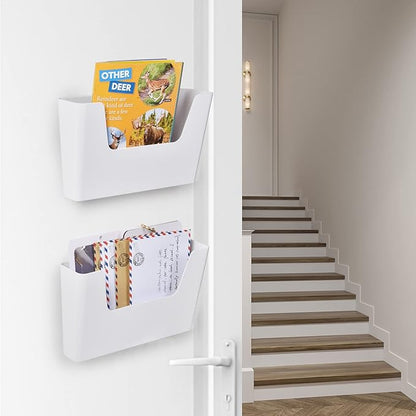 YOHOM No Drilling File Holder Wall Mails Magazines Organizer Adhesive Door Mount, Single Pocket, (White 1) (WHITE, 2 PCS)