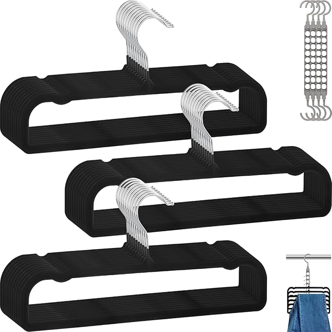 Velvet Pants Hangers Non Slip, 30 Pack Velvet Hangers for Closet with Porous Hooks, Strong Durable Space Saving Slim Clothes Hanger, Ultra Thin Flocked Hanger for Pants/Shirts/Bra/Shorts (Black)
