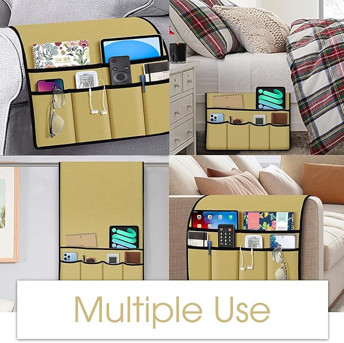 Joywell Remote Holder for Recliner Armchair Caddy Couch Armrest Non Slip Sofa Arm Chair Caddie with 6 Pocket for Magazine, Tablet, Phone, iPad, Think Linen, Yellow