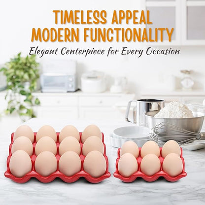Flexzion 12 + 6 Cups Ceramic Egg Holder for Fridge - 18 Porcelain Egg Tray Container Keeper Storage Organizer Decorative Serving Stand Serveware for Refrigerator Countertop Display Kitchen (Red)