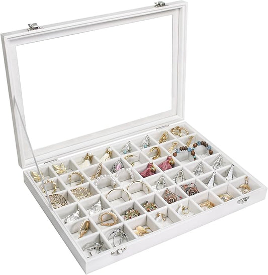 Jewelry Tray Organizer Box 48 Grid Jewelry Display Organizer Box with Transparent Lid Rings Earrings Necklaces Pendants Display Box Suitable for Women and Girls (48 Grid, White)