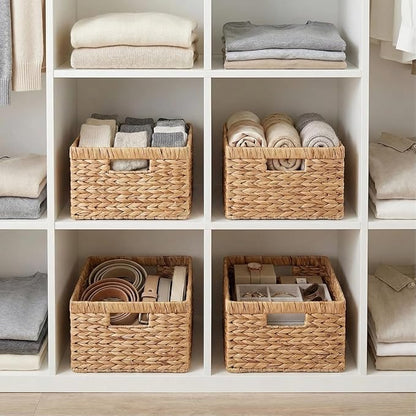 Water Hyacinth Woven Storage Baskets, Set of 4 Wicker Baskets for Organizing with Built-In Handles, Handwoven Rectangular Shelf Bins for Pantry, Bathroom, Kitchen, Closet (13 x 8.25 x 7 in)