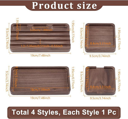 4 Piece Wooden Desk Organizer Tray With Pen Holder, Walnut Wood Pencil Holder, Minimalist Desk Accessories, Mens Valet Tray Office Supplies, Stationery Pen Key Wallet Catchall Trays