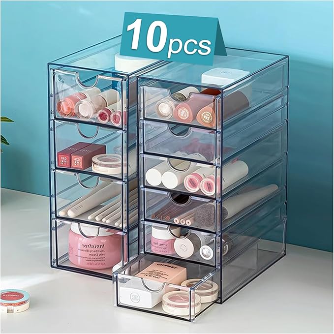 Acrylic Drawer Organizer with 10 Drawers, 2 Set Craft Organizers and Storage, Clear Storage Drawers, Desk Drawer Organizer for Vanity, Office Supplies, Jewelry, Pen