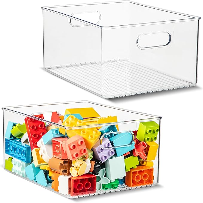 Plastic Food Storage 2 Pack Clear Container Bin with Handles for Organizing Kitchen, Pantry, Refrigerator, Freezer, Pantry, Cabinet, Closet, Bathroom 10”x8”x5”