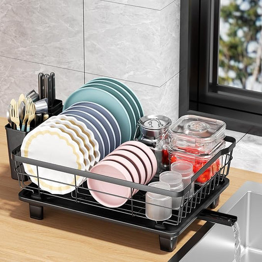 DMTXCRP Dish Drying Rack with Drainboard for Kitchen Counter, Large Capacity Durable Rustproof Stainless Steel Dish Drainer Rack with Removable Flatware Caddy -Black
