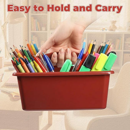 Kathfly 12 Pack Caddy Organizer with Handle, Stackable Organization Storage, Small Plastic Basket Classroom Caddy for Table Desk Office Pencil Kids Room Craft Art Teacher School Supplies (Deep Color)