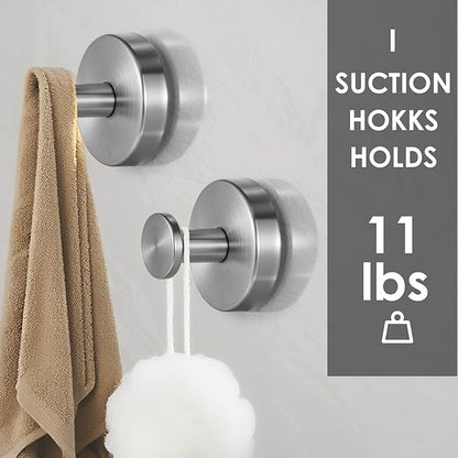 PZTO Suction Cup Hooks:Metal Hanger,for Galss Window Door & Tile Wall,Shower Bathroom Towel Holder Hanging Hook, 2 Pack (Brushed Silver)