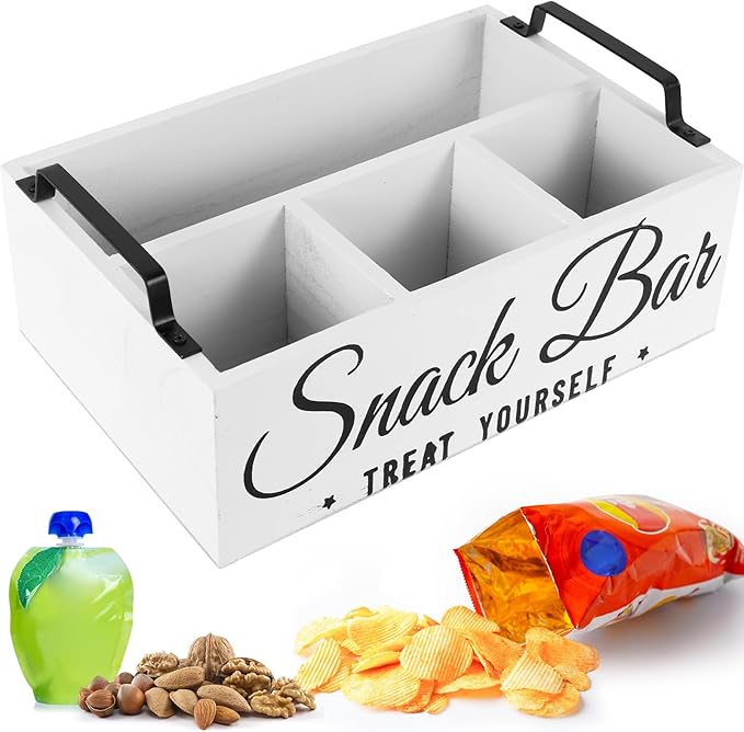 Snack Organizer for Countertop, Wood Pantry Storage Bins with Handles, Snack Bar Organizer for Pantry Shelf, 4 Compartment Food Container Box, Kitchen Storage Organizer for Nut,Chips,Beverage (White)