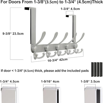 Dseap Over Door Hook 2.0 - Upgraded Version - Simple-Assembly, Strong, Heavy-Duty Stainless Steel 5-Tri-Hook Over The Door Hanger Rack, SimpleStrong Series, Silver, Pack of 2