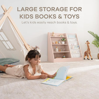 Comfy Cubs Kids Bookshelf 35.2 x 15.7 x 31.5 Inches - Sturdy MDF Montessori Book Shelf with Soft & Hard Shelves for Toys & Books - Child-Friendly, Easy Access Storage Organizer for Kids - Blush