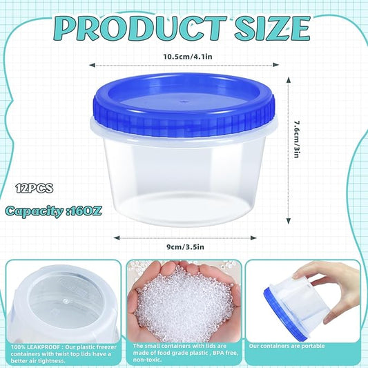 ISUSSER 12 Pack Freezer Containers with Lids, 16 Oz Stackable Reusable Plastic Storage Container, Airtight Plastic Food Storage Containers with Twist Top Lids for Food Soup Jello Sauce