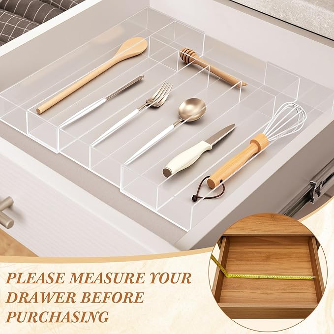 1 Pack Expandable Kitchen Drawer Organizer Clear Acrylic Utensil Organizer Adjustable Acrylic Silverware Storage for Drawers Silverware Flatware Knives (12 x 16 Inches,5-7 Compartments)