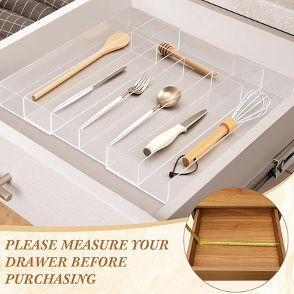 1 Pack Expandable Kitchen Drawer Organizer Clear Acrylic Utensil Organizer Adjustable Acrylic Silverware Storage for Drawers Silverware Flatware Knives (12 x 16 Inches,5-7 Compartments)