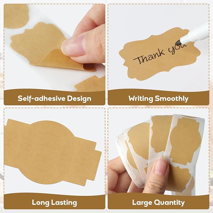 300PCS Kraft Brown Labels 2x1.2 Inch - Blank Self-Adhesive Stickers for Mason Jars, Bottles, Gift Wrapping, Food Storage & Crafts (Writable, Vintage Style, 3 Designs)