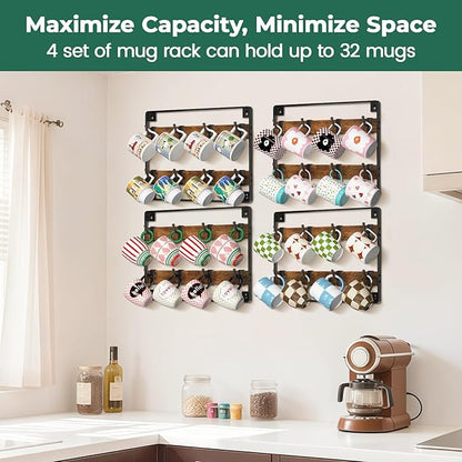 EsLuker.ly Mug Holder Hanger Rack Wall Mounted Wooden 4 Pack Coffee Cup Storage Organizer Display Shelf with 32 Removable Plastic Hooks, Ideal for Mug Collectors