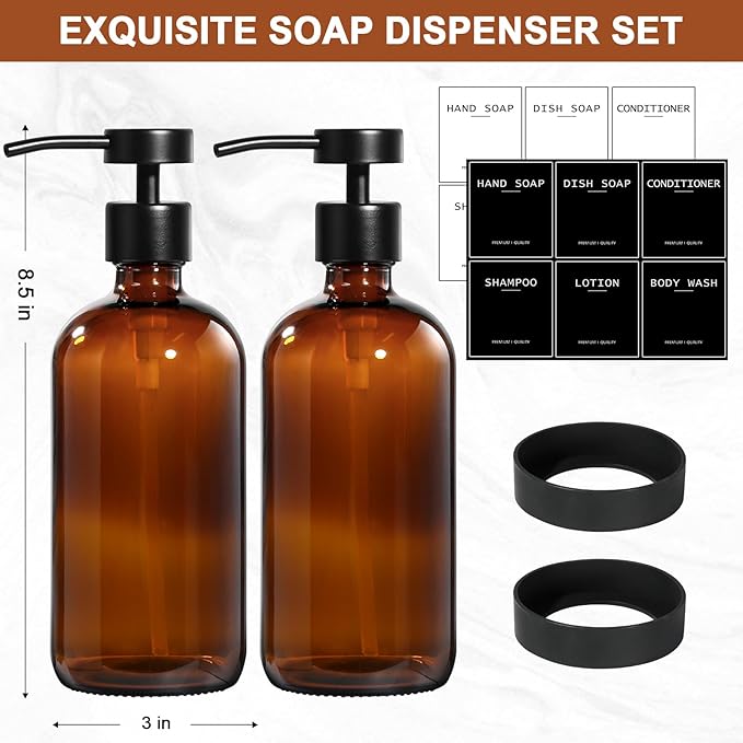 RYTOXILO Amber Glass Soap Dispenser 2 Pack, Hand Soap Dispenser Bathroom with Stainless Steel Pump, 16.9 Fl oz Hand and Dish Soap Dispensers Set Kitchen, Modern Brown Soap Lotion Dispensers Bottle