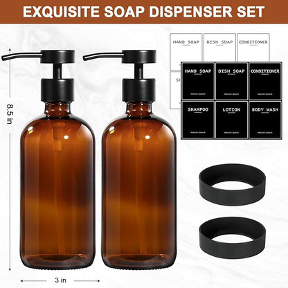 RYTOXILO Amber Glass Soap Dispenser 2 Pack, Hand Soap Dispenser Bathroom with Stainless Steel Pump, 16.9 Fl oz Hand and Dish Soap Dispensers Set Kitchen, Modern Brown Soap Lotion Dispensers Bottle