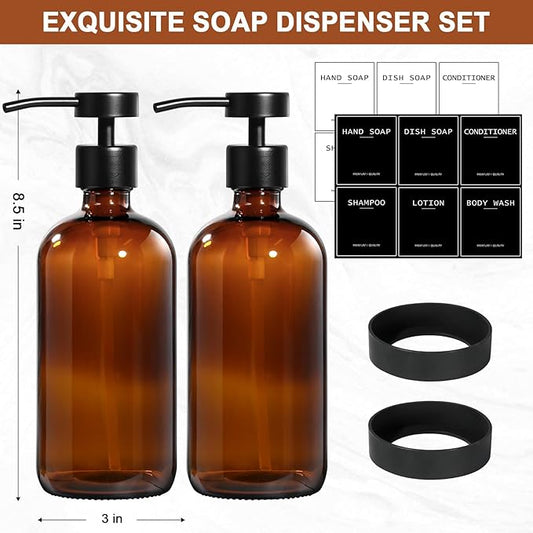 RYTOXILO Amber Glass Soap Dispenser 2 Pack, Hand Soap Dispenser Bathroom with Stainless Steel Pump, 16.9 Fl oz Hand and Dish Soap Dispensers Set Kitchen, Modern Brown Soap Lotion Dispensers Bottle