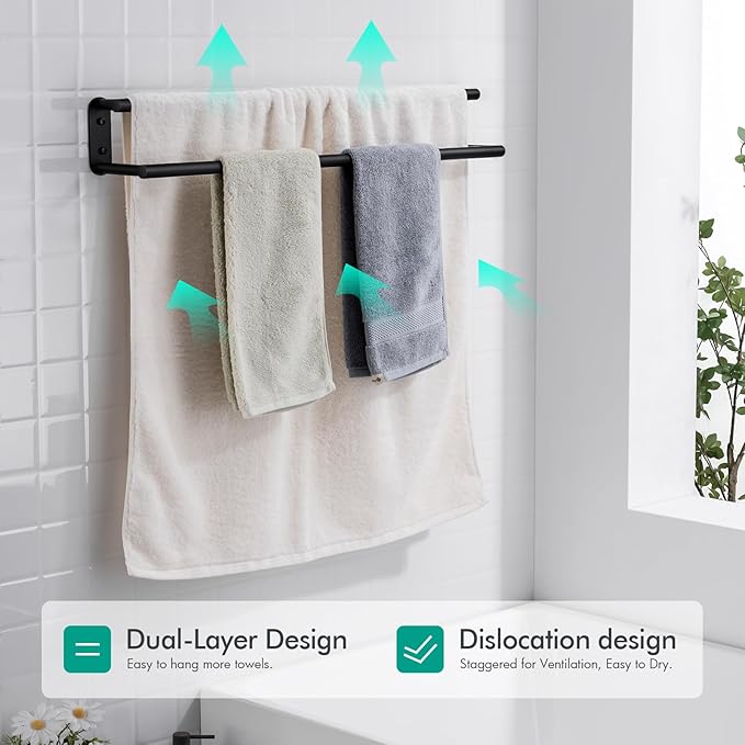 BAGNOLUX Double Towel Bar, SUS304 Towel Racks for Bathroom Wall Mounted 2-Tiers Ladder Towel Rails, Space Saving Bathroom Towel Holder Shelves Rack, Long Towel Hanger (24“-Round-Matte Black)